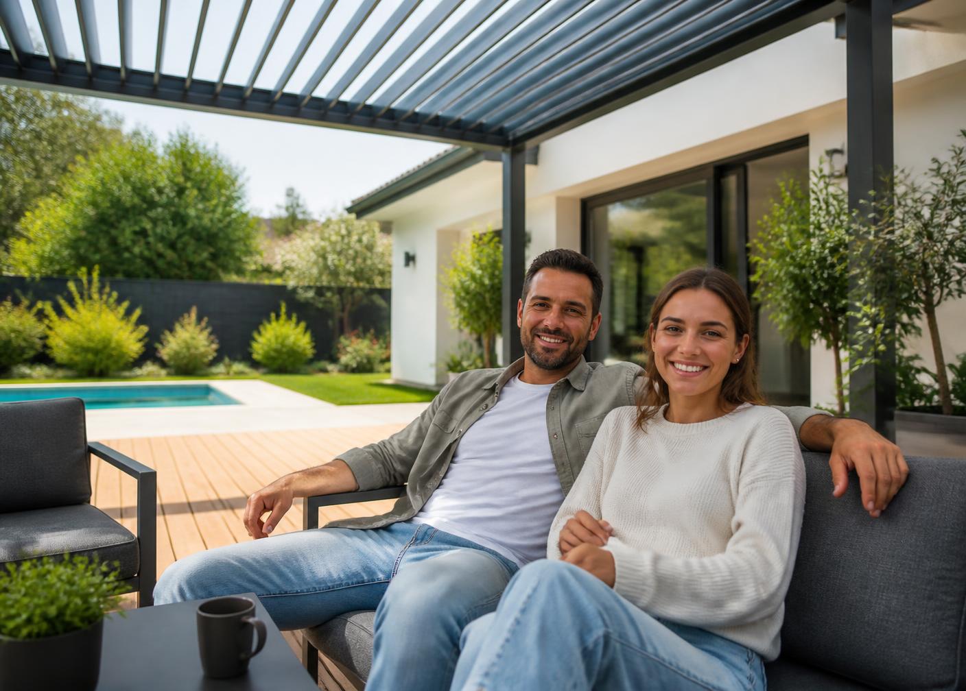 Happy homeowners relaxing under their new modern aluminum pergola