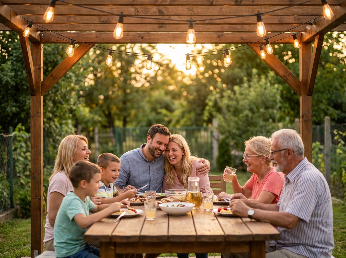 Multi-generational family sharing dinner under a pergola with warm string lights at sunset
